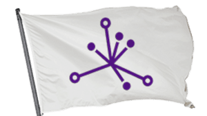 A purple and white flag with an image of a star.