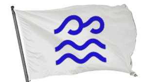 A white flag with blue waves on it.