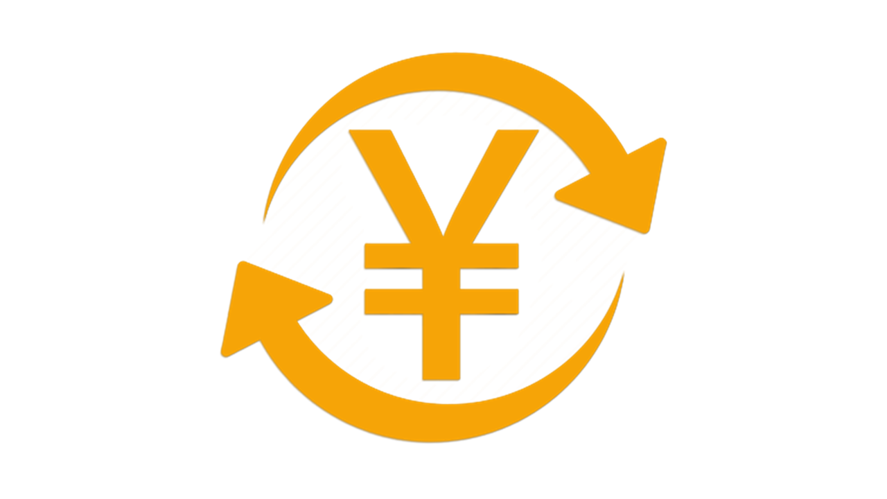 A yellow yen sign with arrows around it.