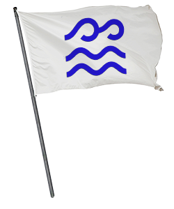 A white flag with blue waves on it.