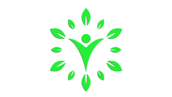 A green person with leaves around it.