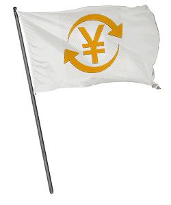 A flag with an arrow and yen symbol on it.