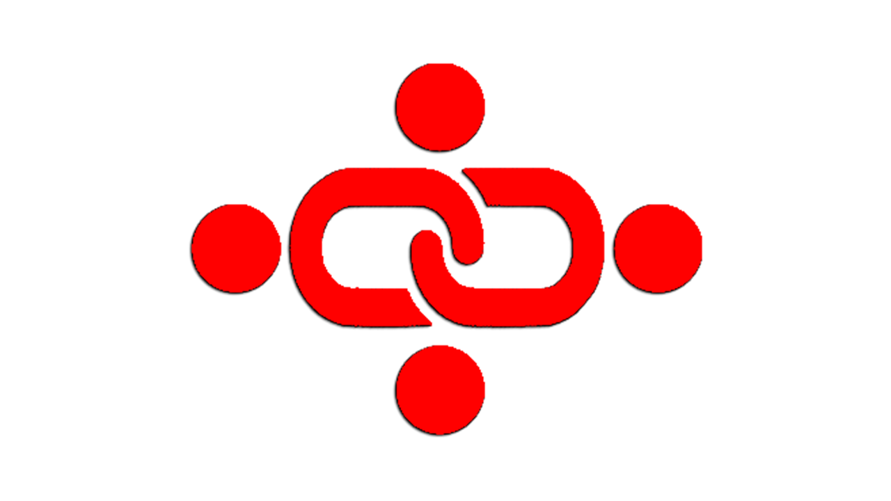 A red logo with four circles in the middle