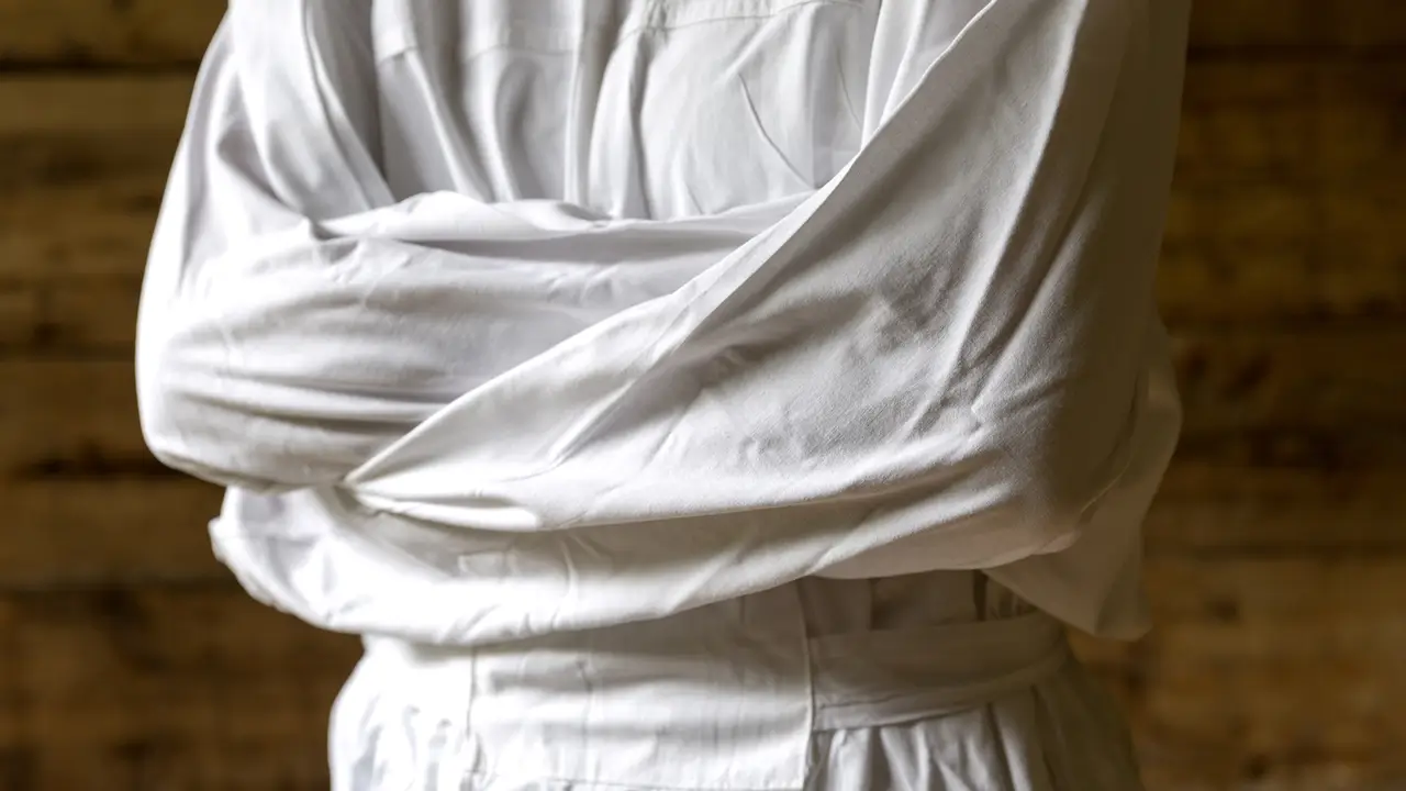 Person wearing a white straitjacket, arms crossed.