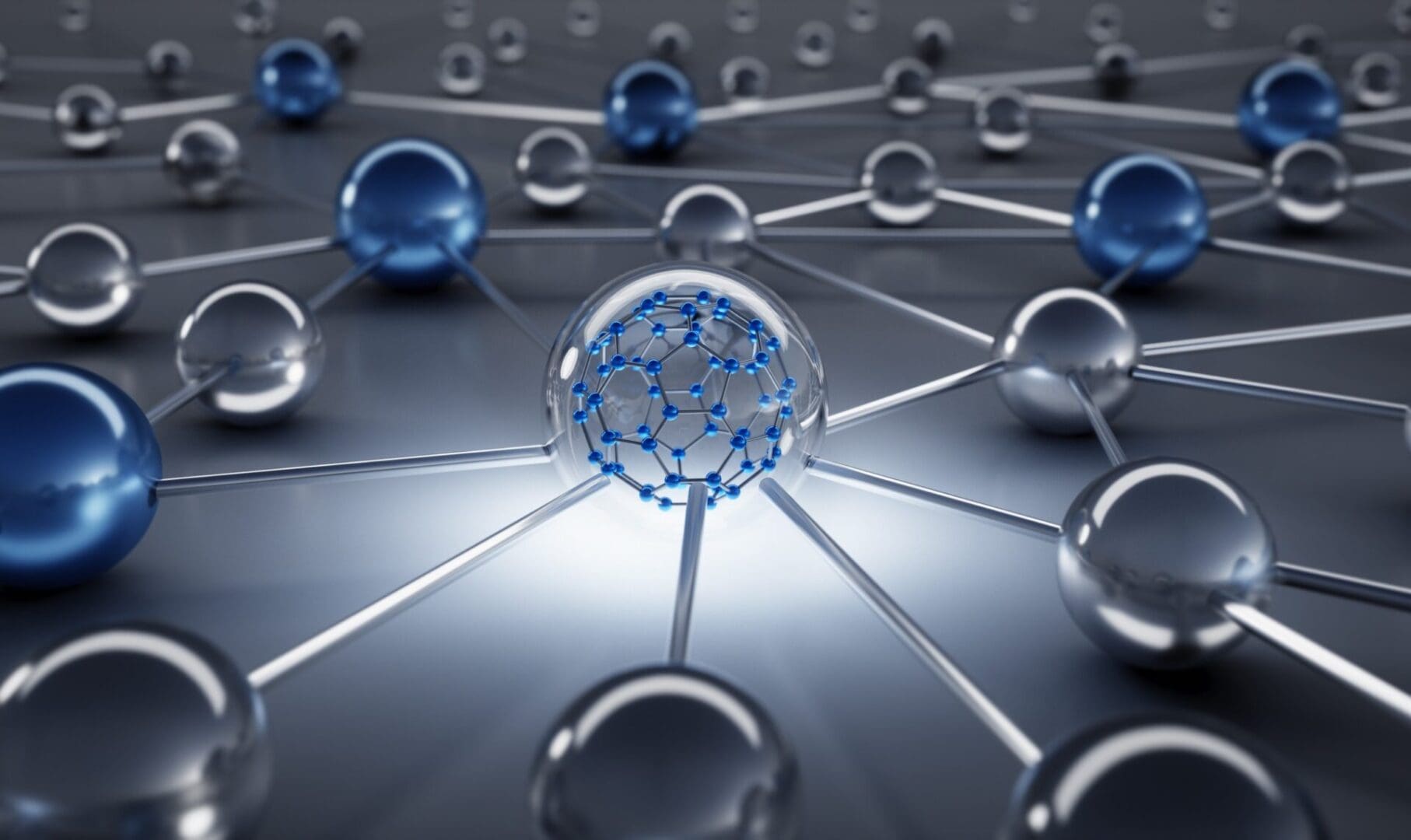 Molecular structure with interconnected spherical nodes.
