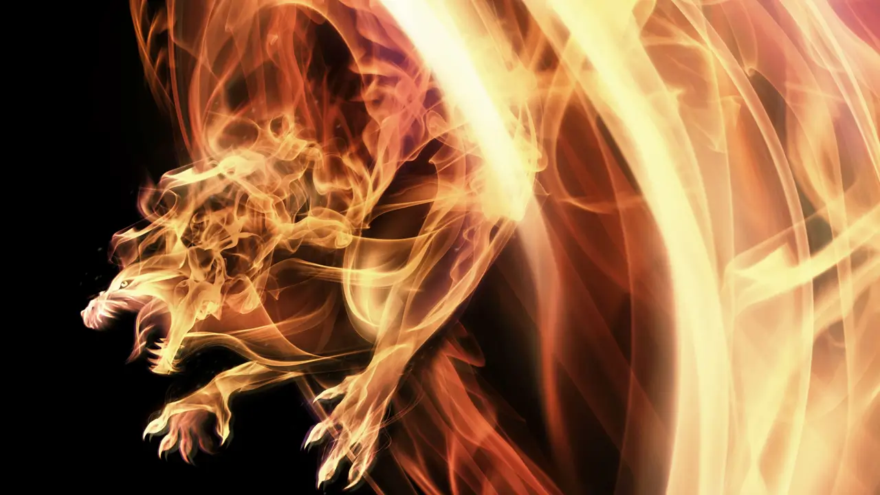 Fiery lion silhouette made of swirling flames.