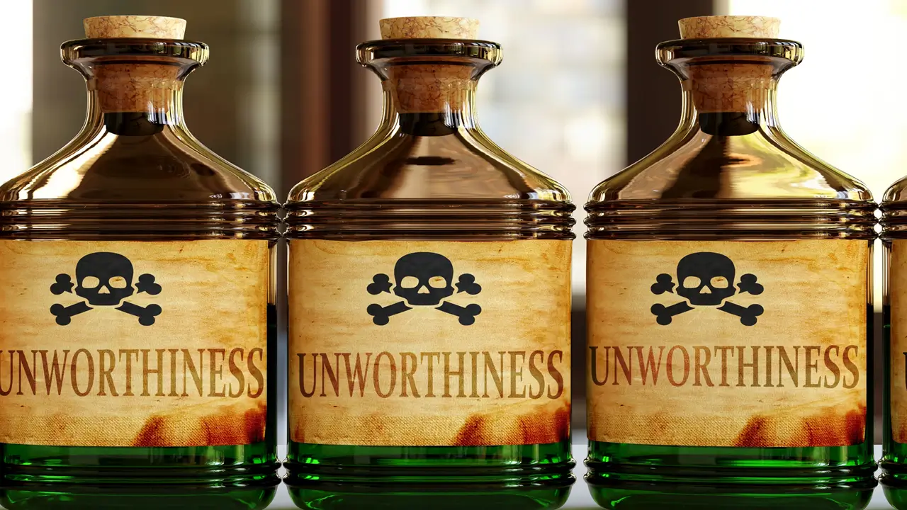 Bottles labeled "Unworthiness" with skull symbol.