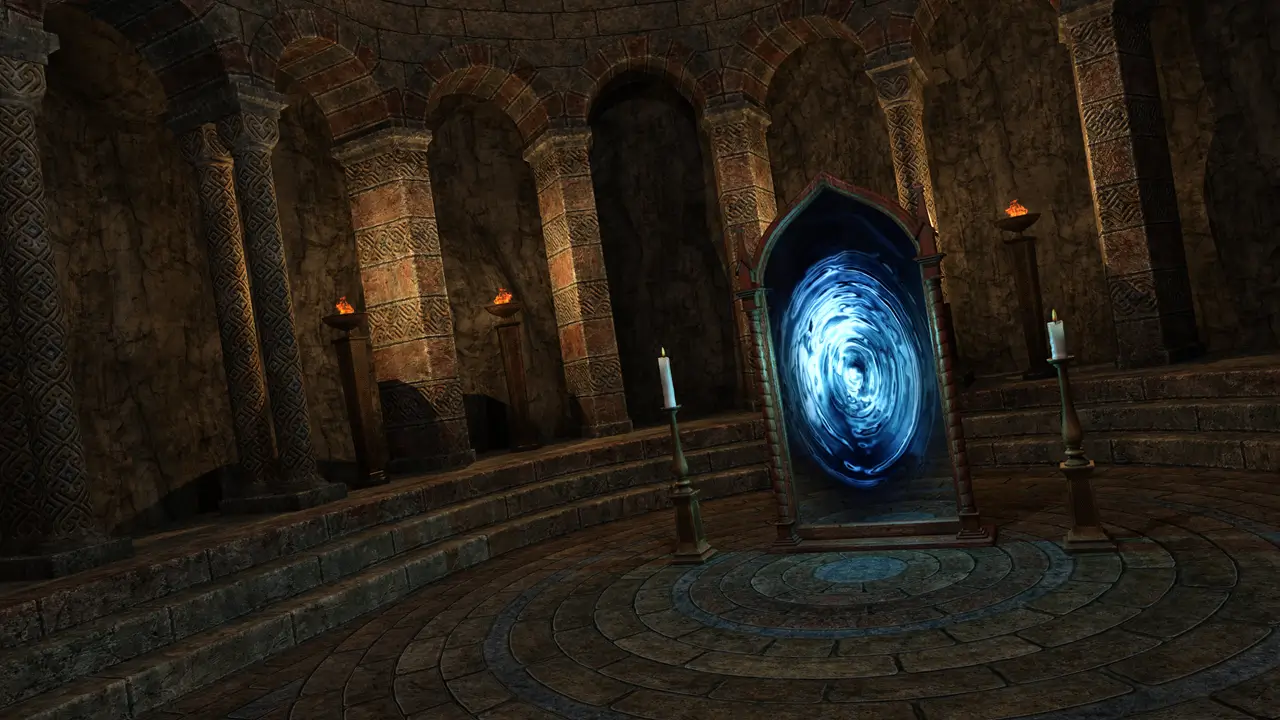 Ancient stone chamber with glowing magical portal.